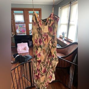 NET 2xl  Illusion Floral Ruched Cowl Neck Midi Dress by Cider